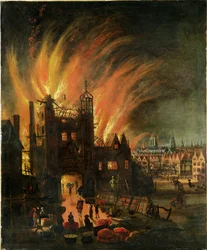 El Gran Incendio de Londres (septiembre de 1666) con Ludgate y la antigua St Paul